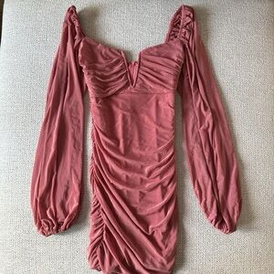 Amazon Rose-Mauve Ruched Long-Sleeve Mini Dress